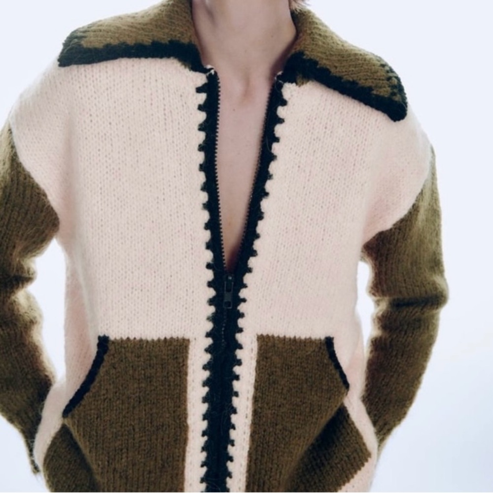 NWT Zara Chunky Soft Colorblock Full Zip Cardigan Patchwork Pockets Size XL - Picture 2 of 12